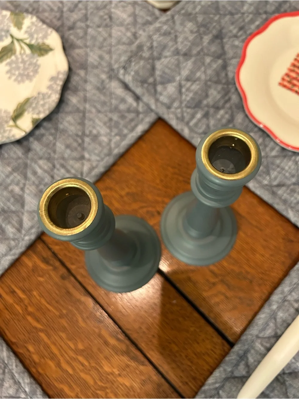 Blue Wood Taper Candle Holders - set of 2